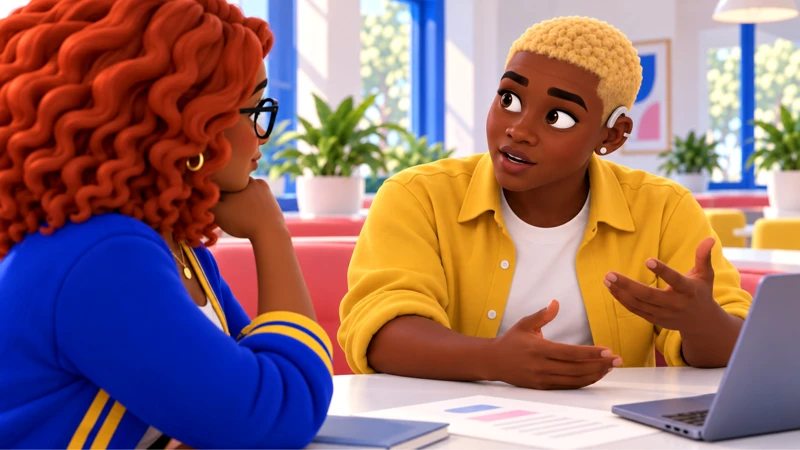 Jordy explains the caption's impact while Gia listens.
