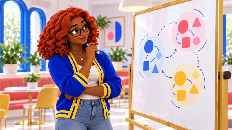Gia maps different accounts using abstract shapes on a whiteboard.