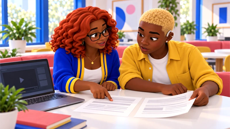 Gia and Jordy compare two draft statements beside a source clip.