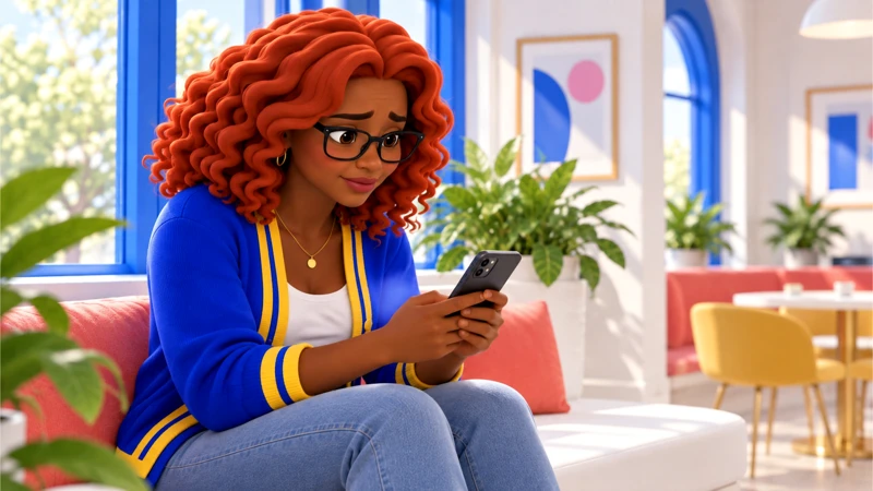 Gia reviews a draft on her phone by the cobalt window.