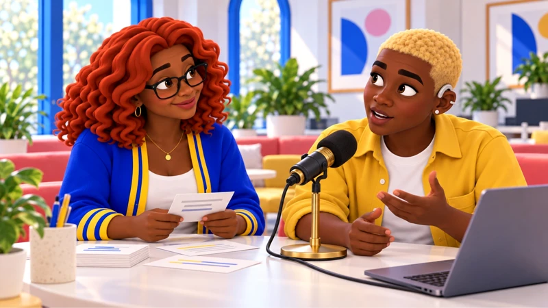 Jordy rehearses at a microphone while Gia checks notes.