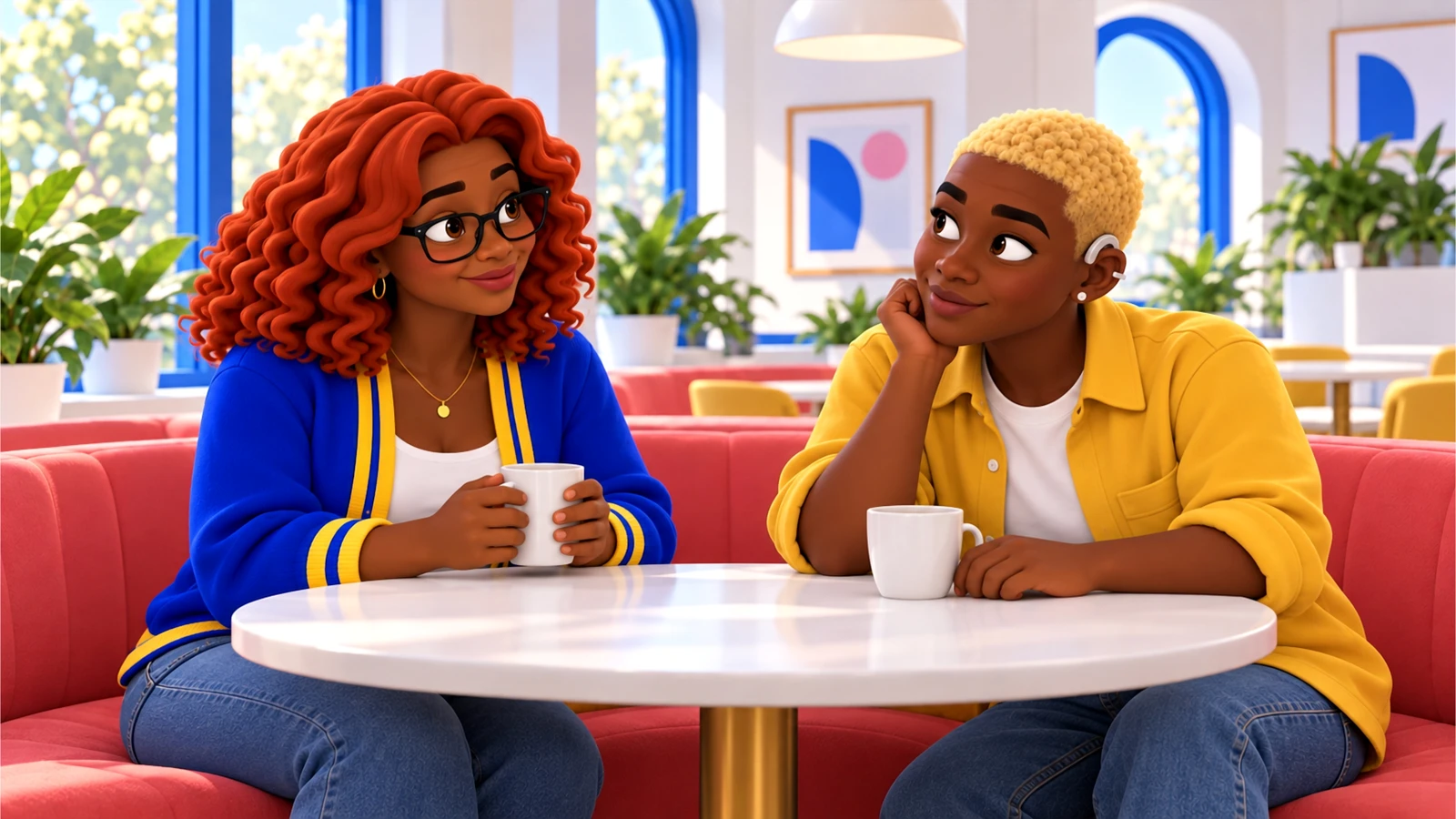 Gia and Jordy debrief over coffee after the correction.