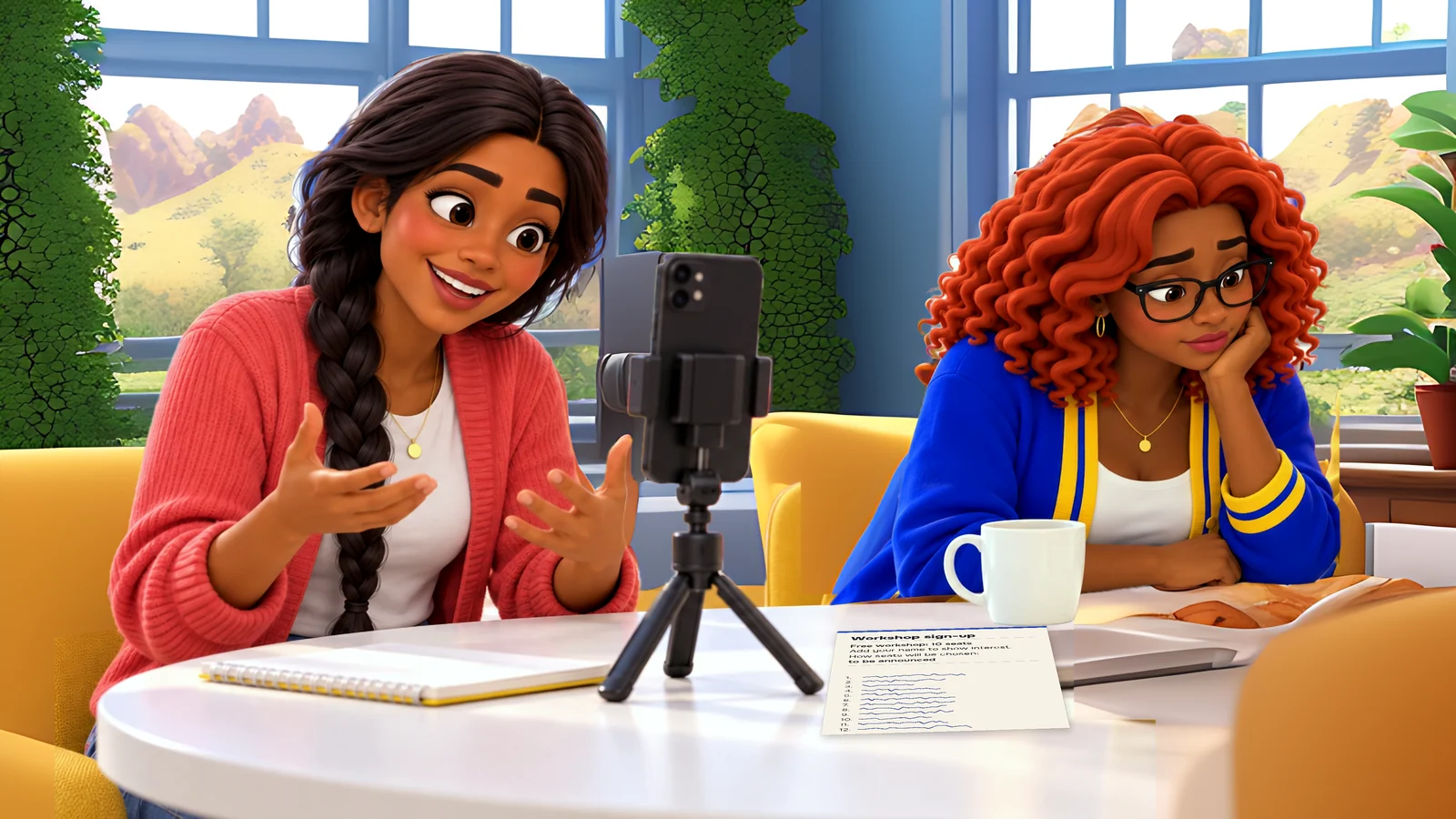 Anika explains with open hands at a round table while Gia listens, chin on her hand. The lesson sign-up sheet on the table says seats will be chosen by a rule “to be announced.”