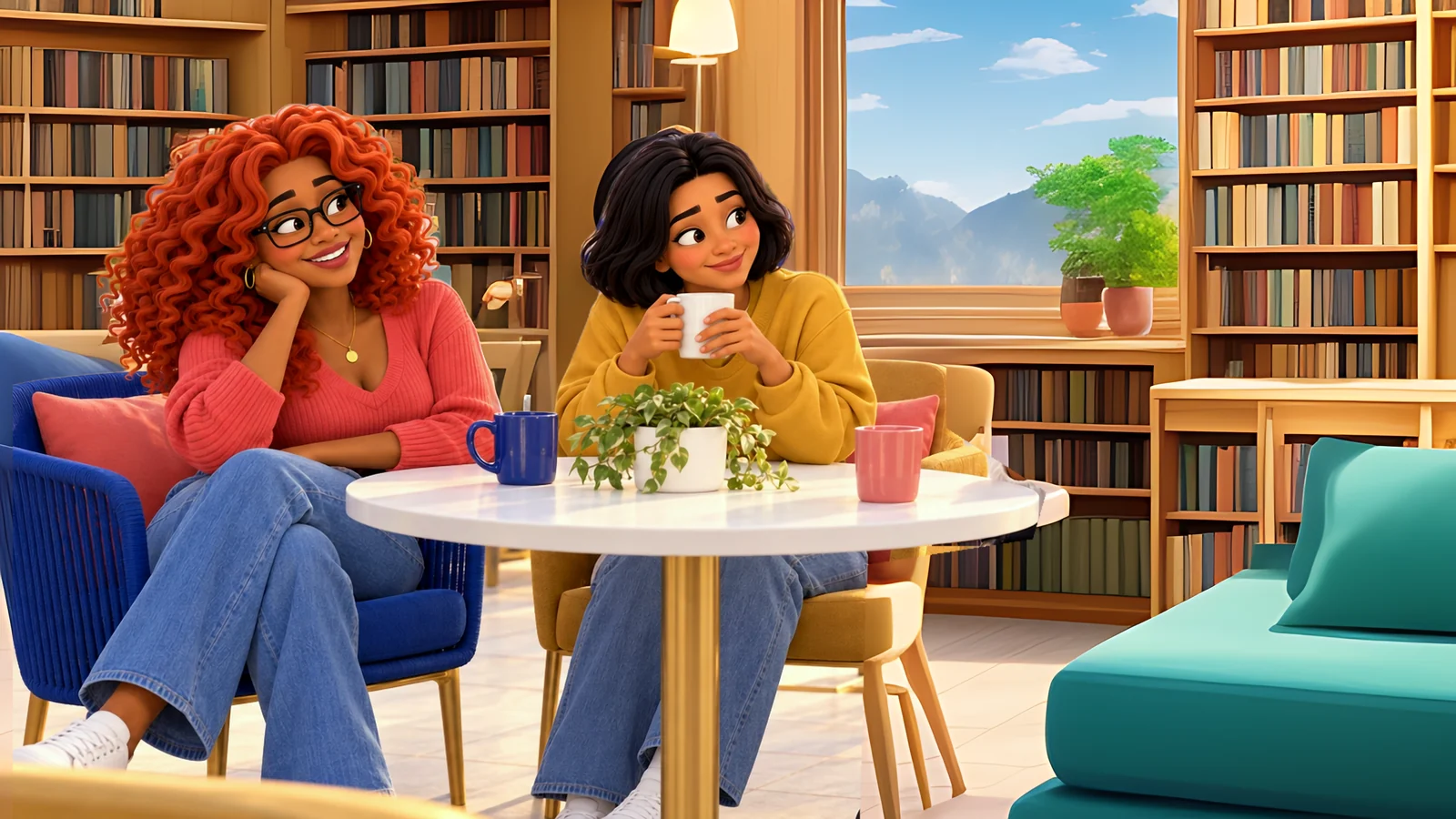 Gia and Mari sit at a round café table in the corner of the neighborhood bookshop at sunset, talking over mugs of coffee.