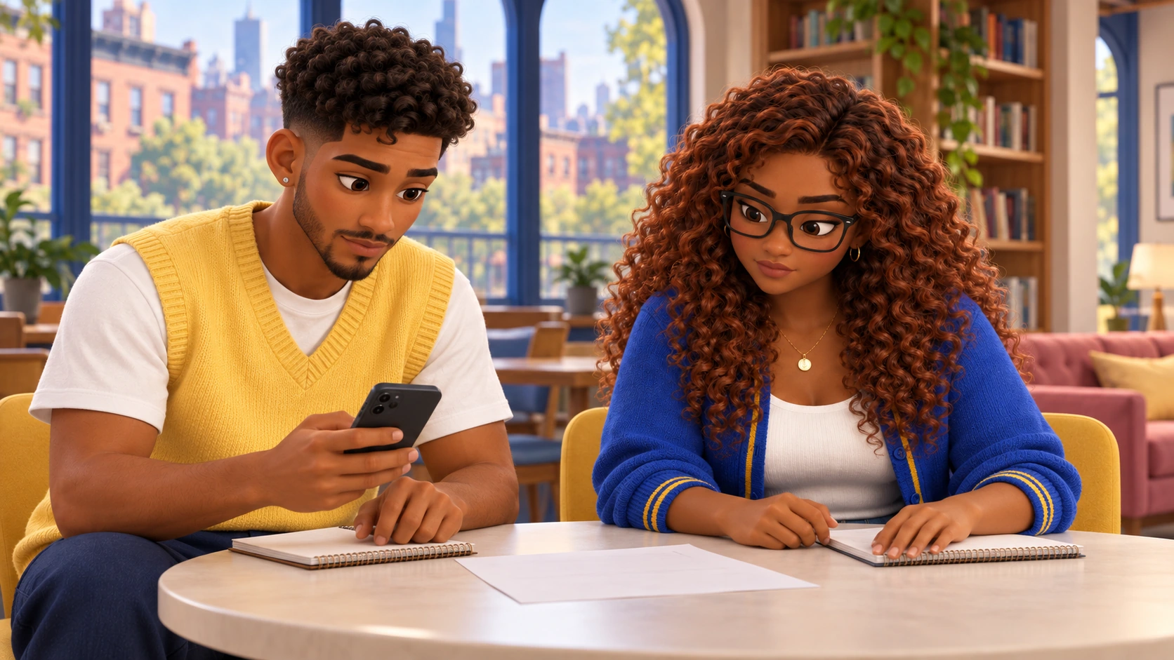Gia and Mateo talk through notes at a sunlit table in the Common Room.
